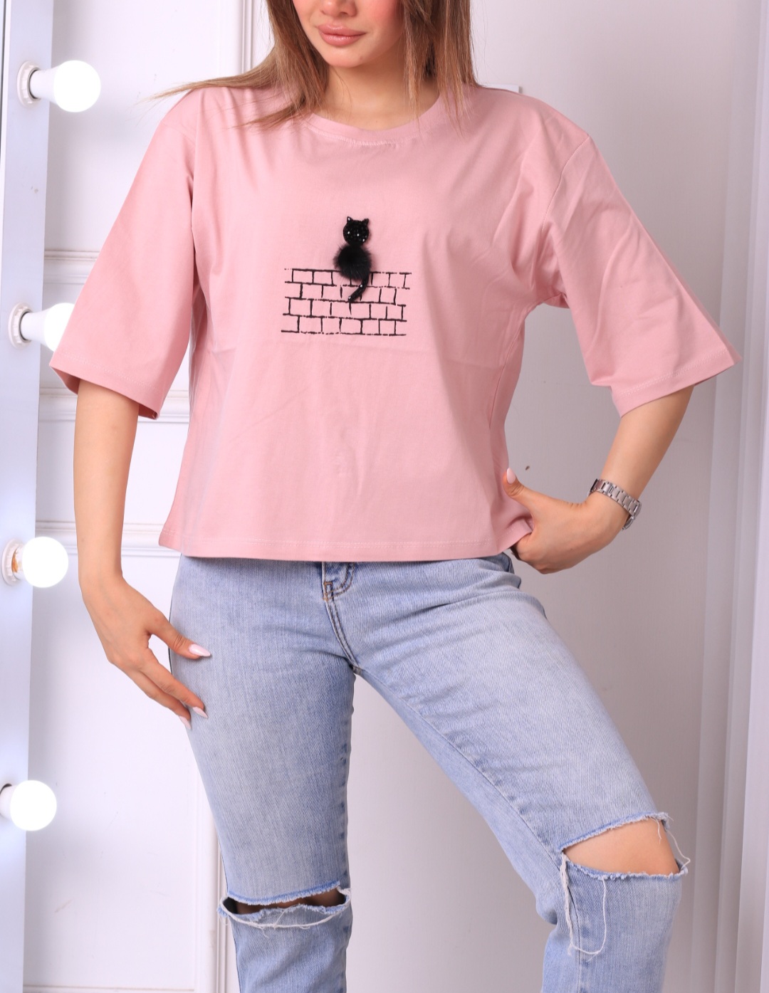 تیشرت کراپ گربه برجسته کالباسی