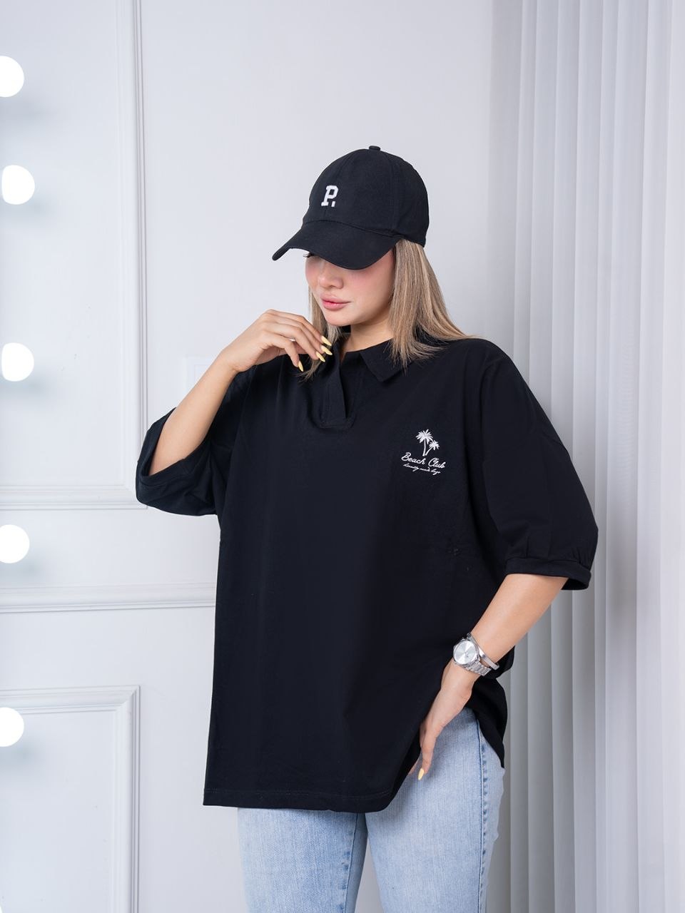 تیشرت لانگ یقه شکاری نخل مشکی
