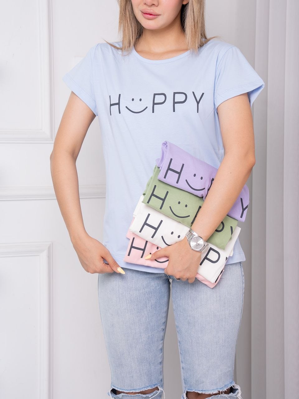 تیشرت Happy آبی روشن
