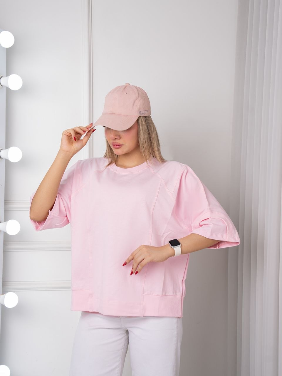 تیشرت سوپر باکسی جلو خط صورتی