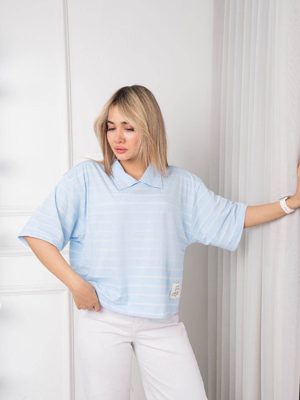 تیشرت یقه دار راه راه wim آبی روشن