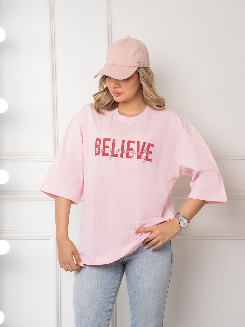 تیشرت باکسی Believe صورتی