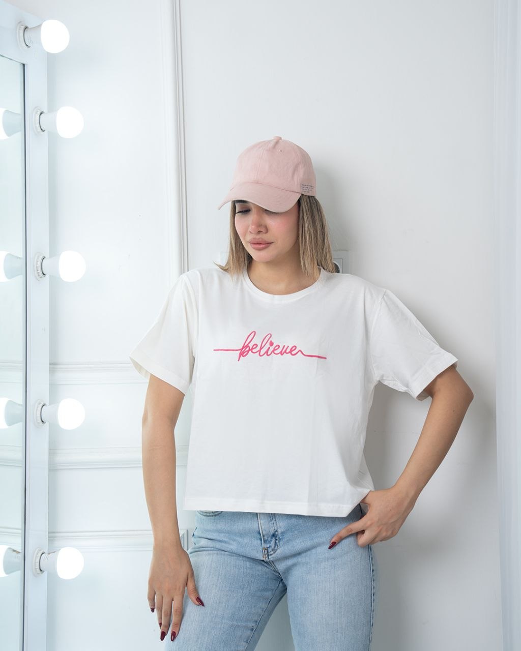 تیشرت کراپ believe سفید